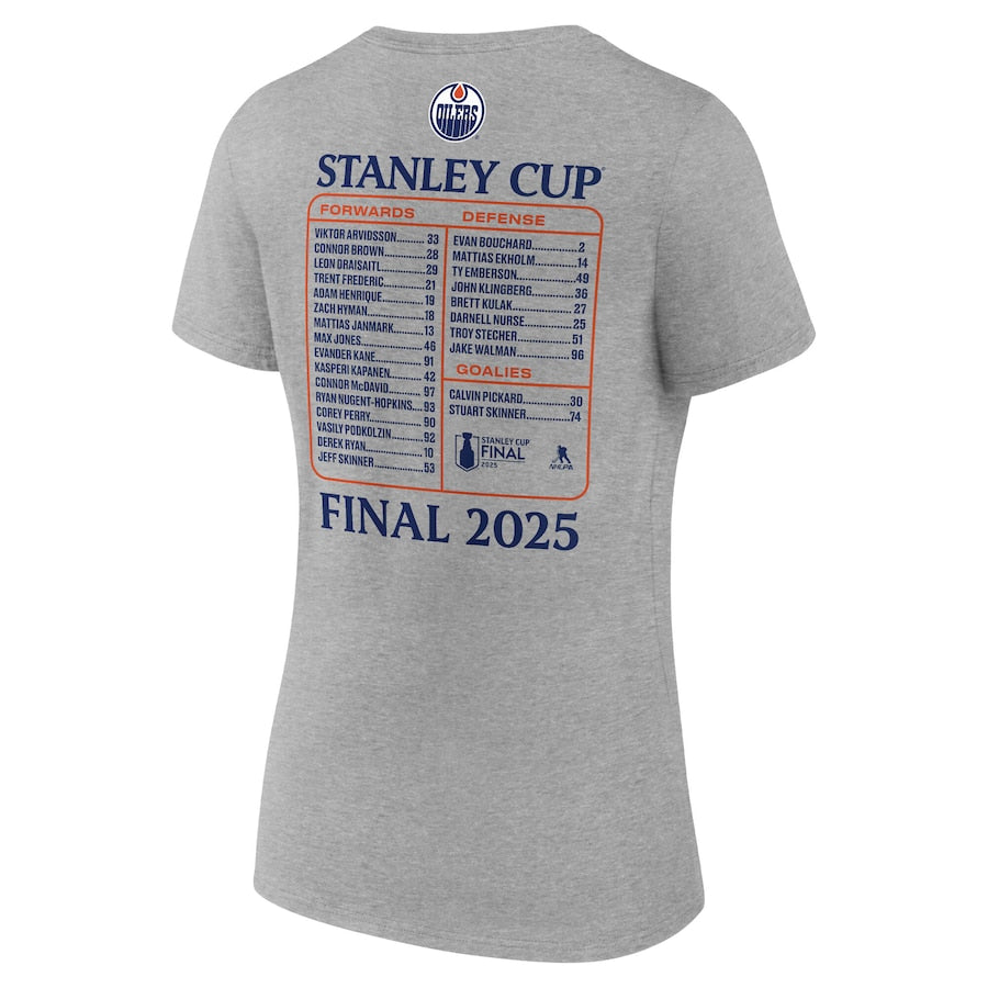 Women's Edmonton Oilers Fanatics Heather Gray 2025 Stanley Cup Final Roster V-Neck T-Shirt