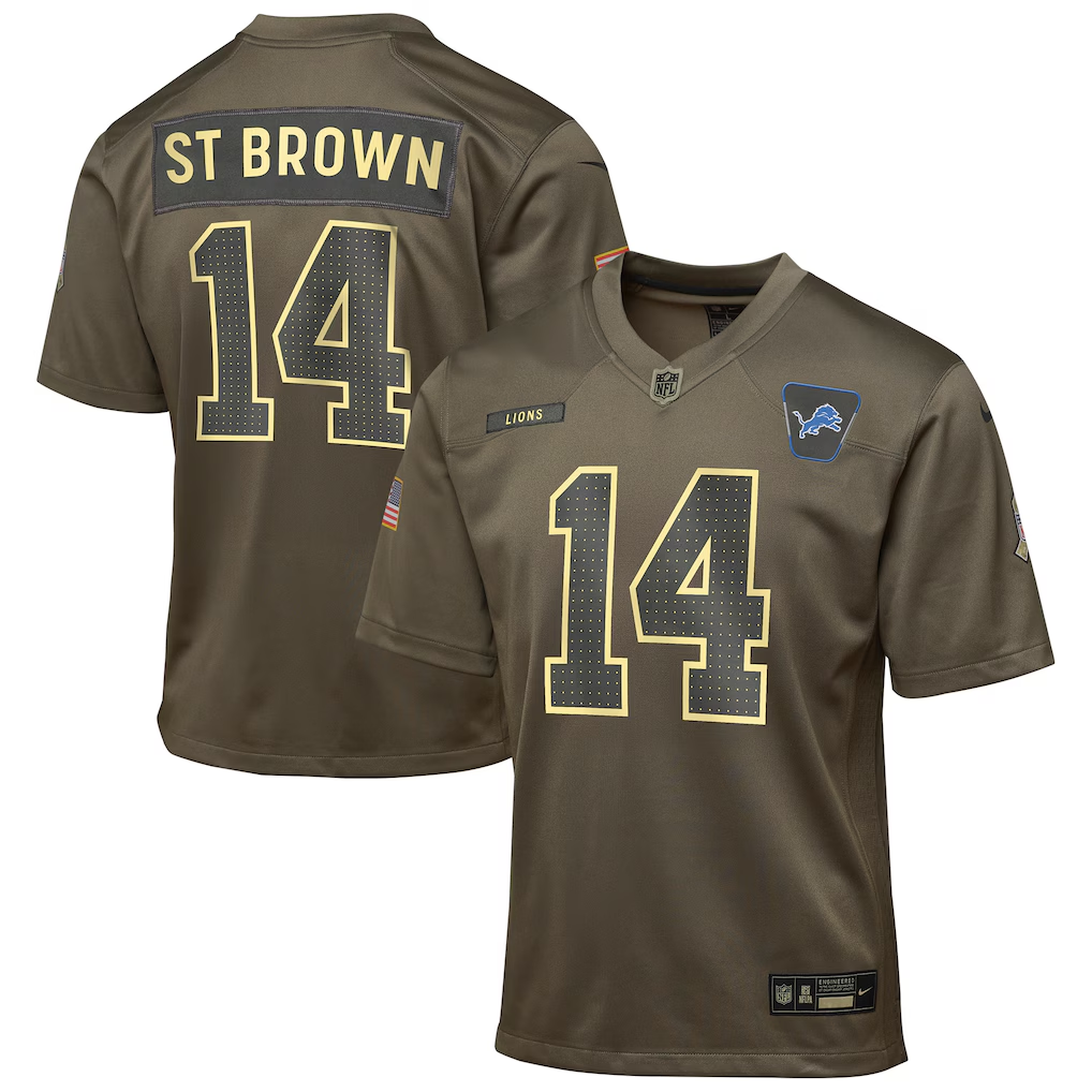 Youth Detroit Lions Amon-Ra St. Brown Nike Olive 2025 Salute to Service Game Jersey