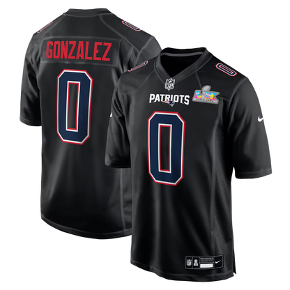 Men's New England Patriots Christian Gonzalez Nike Black Super Bowl LX Patch Carbon Fashion Game Jersey