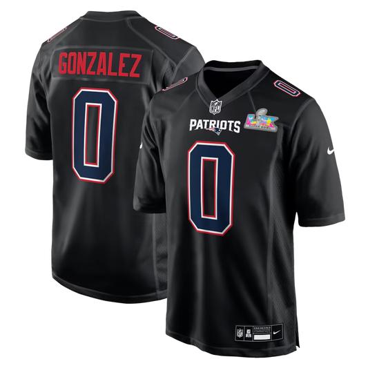 Men's New England Patriots Christian Gonzalez Nike Black Super Bowl LX Patch Carbon Fashion Game Jersey