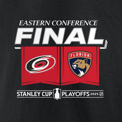 Men's Carolina Hurricanes vs. Florida Panthers Black 2025 Eastern Conference Finals Matchup Center Ice T-Shirt