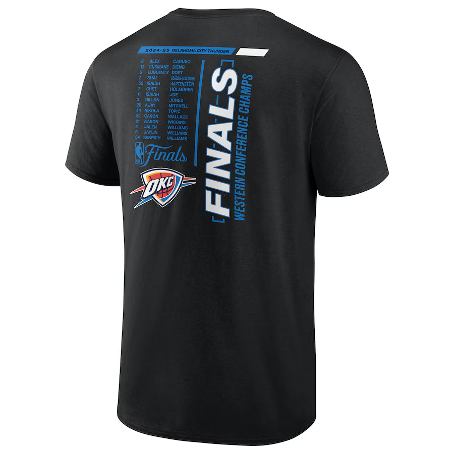 Men's Oklahoma City Thunder Fanatics Black 2025 Western Conference Champions Roster Buzzer Beater T-Shirt