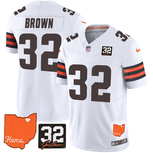 Jim Brown Cleveland Browns #32 Jim Brown Memorial & Home Patch Jersey – All Stitched