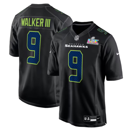 Men's Seattle Seahawks Kenneth Walker III Nike Black Super Bowl LX Patch Carbon Fashion Game Jersey