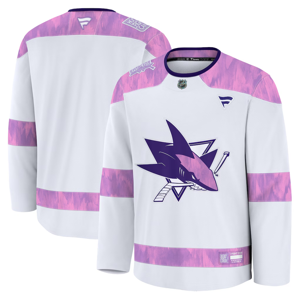 Men's San Jose Sharks White Purple 2024 Hockey Fights Cancer Practice Blank Jersey