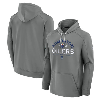 Men's Edmonton Oilers Fanatics Gray 2025 Stanley Cup Playoffs Authentic Pro Rink Fly Fleece Pullover Hoodie