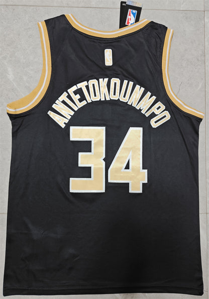 24 Bucks #34 Antetokounmpo Black and Gold Jersey