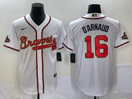Men's Atlanta Braves Travis d'Arnaud #16 White Replica Player Jersey