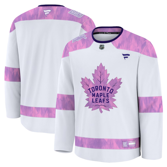 Men's Toronto Maple Leafs White Purple 2024 Hockey Fights Cancer Practice Blank Jersey