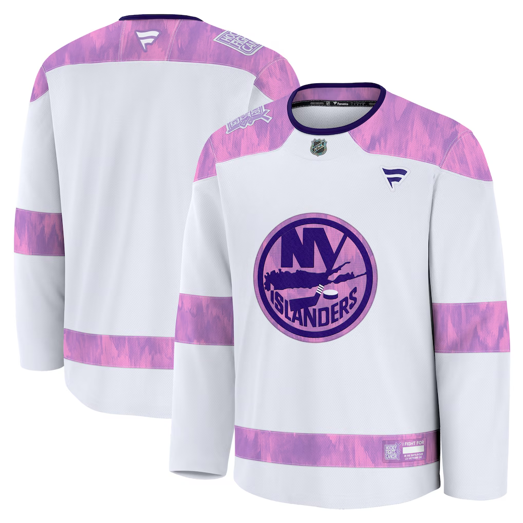 Men's New York Islanders  White Purple 2024 Hockey Fights Cancer Practice Blank Jersey