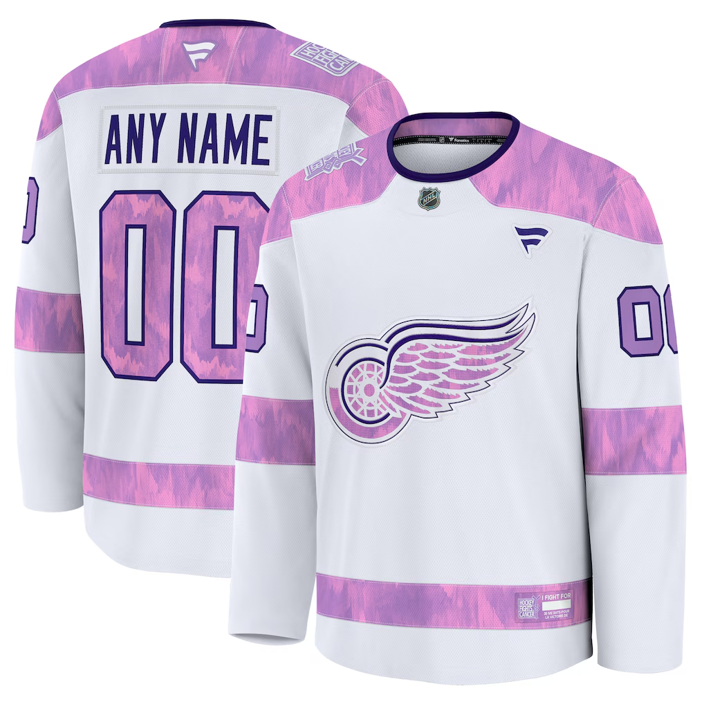 Men's Detroit Red Wings  White Purple 2024 Hockey Fights Cancer Practice Custom Jersey