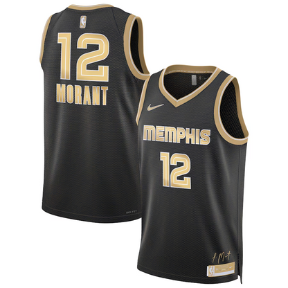 24 Grizzlies #12 Morant black and gold jersey