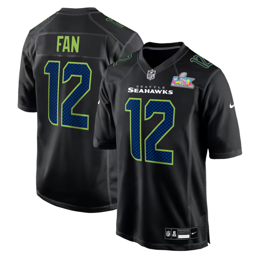 Men's Seattle Seahawks 12s Nike Black Super Bowl LX Patch Carbon Fashion Game Jersey