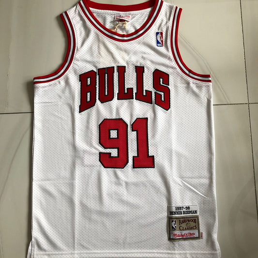 Chicago Bulls Dennis Rodman 91 White Thorwback Jersey