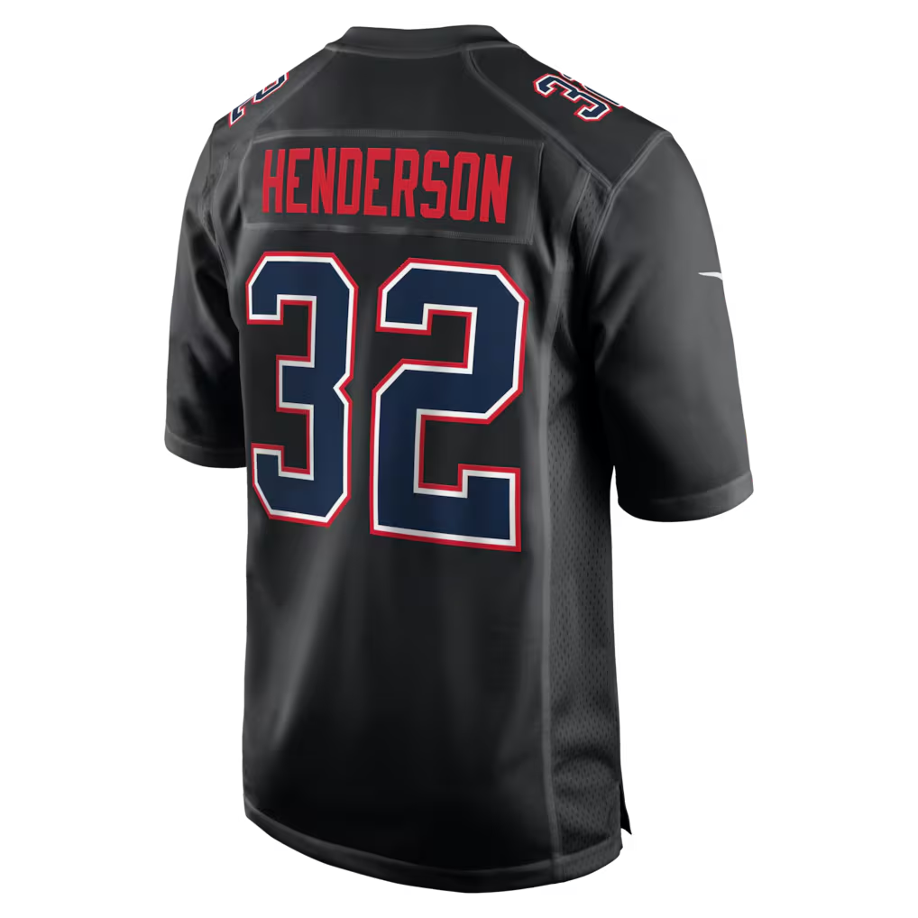Men's New England Patriots TreVeyon Henderson Nike Black Super Bowl LX Patch Carbon Fashion Game Jersey