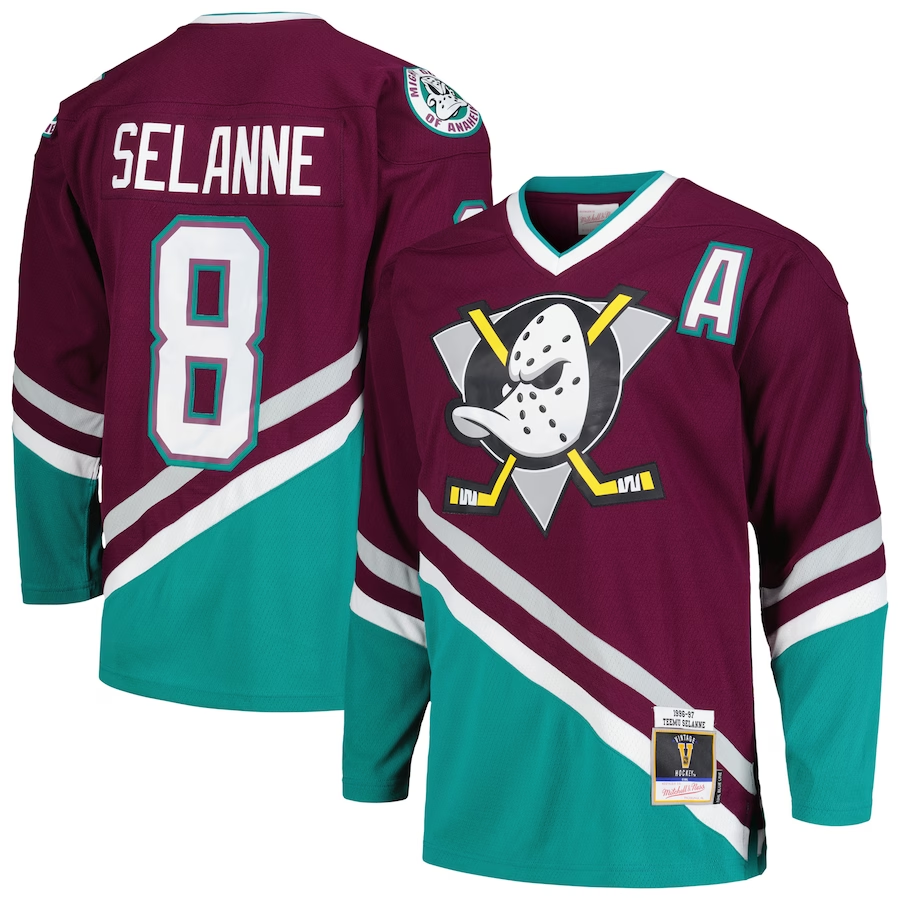 Men's Anaheim Ducks Teemu Selanne#8 Purple 1996/97 Alternate Captain Patch Blue Line Player Jersey