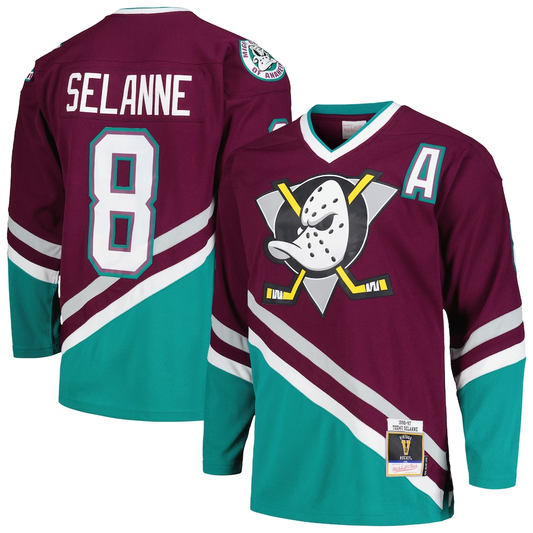 Men's Anaheim Ducks Teemu Selanne#8 Purple 1996/97 Alternate Captain Patch Blue Line Player Jersey