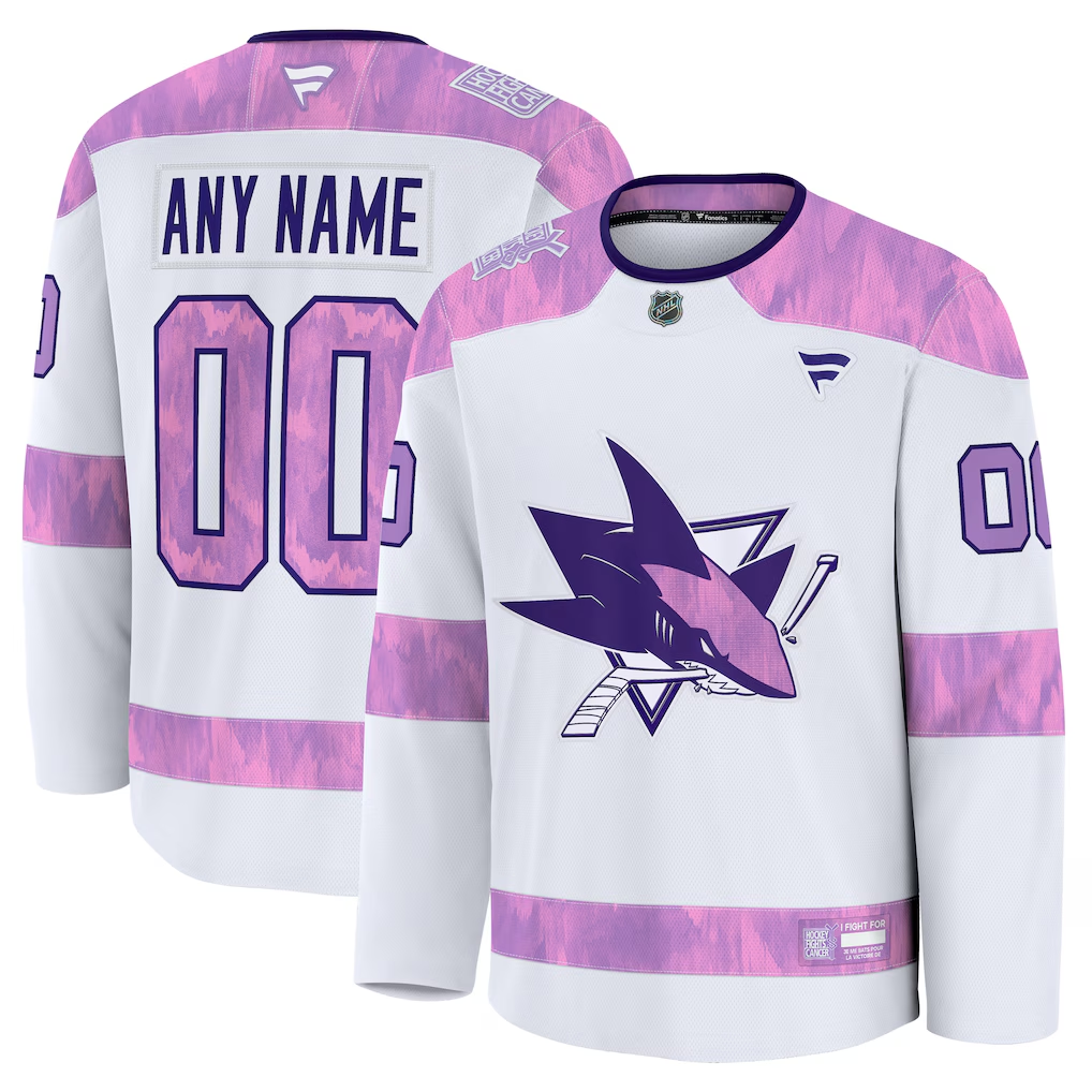 Men's San Jose Sharks White Purple 2024 Hockey Fights Cancer Practice Custom Jersey