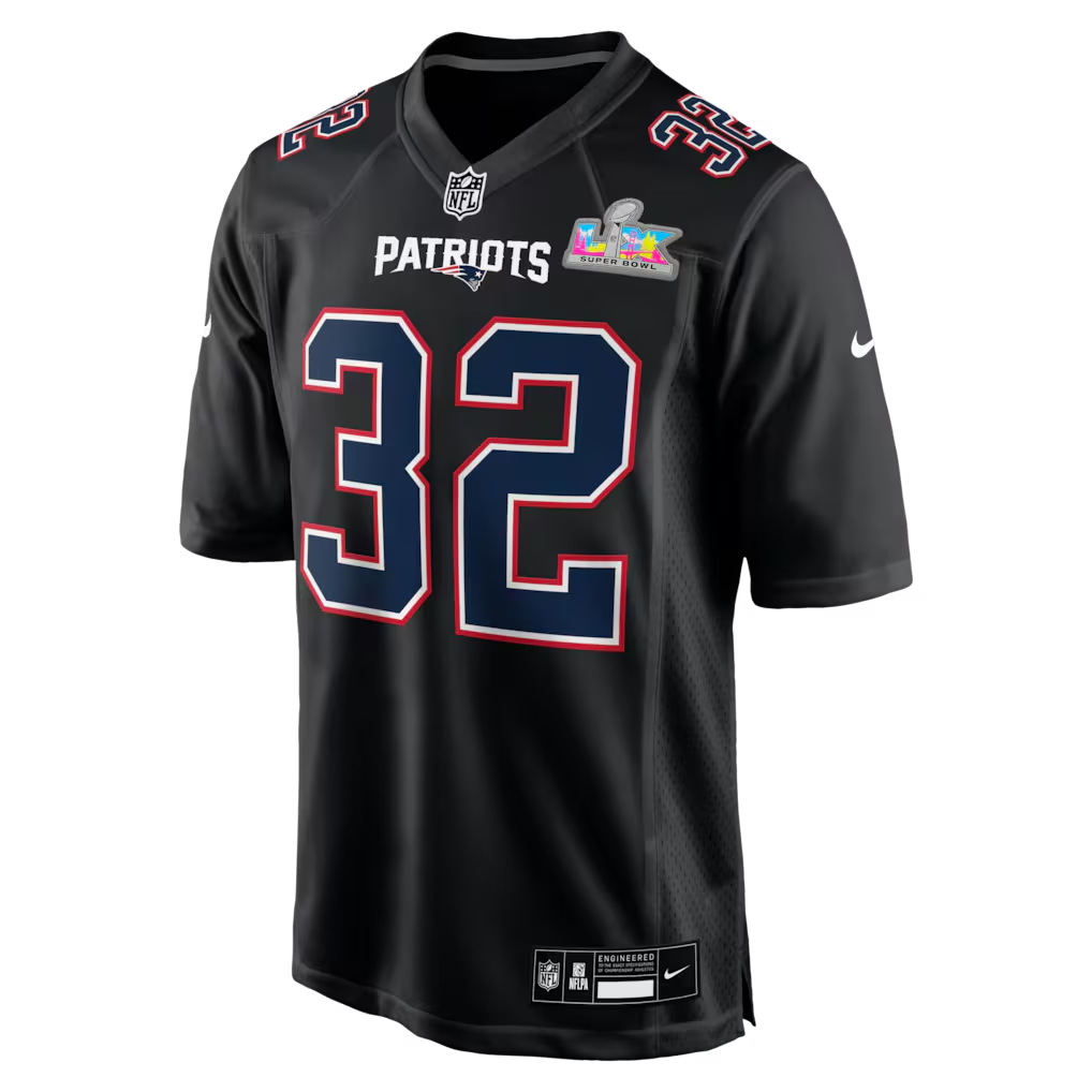 Men's New England Patriots TreVeyon Henderson Nike Black Super Bowl LX Patch Carbon Fashion Game Jersey