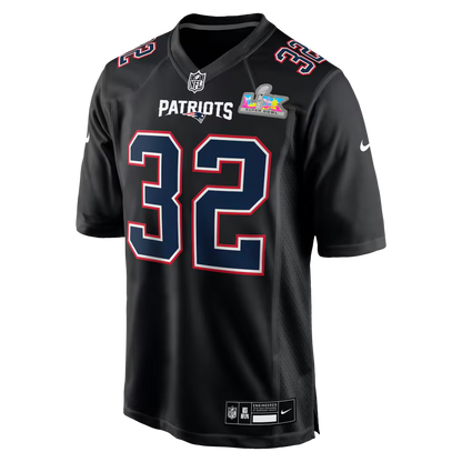 Men's New England Patriots TreVeyon Henderson Nike Black Super Bowl LX Patch Carbon Fashion Game Jersey