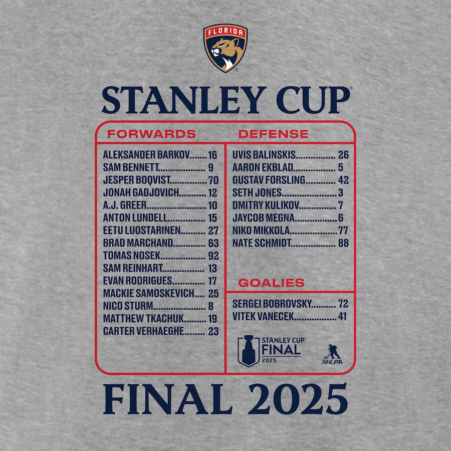 Men's Florida Panthers Fanatics Heather Gray 2025 Stanley Cup Final Roster T-Shirt