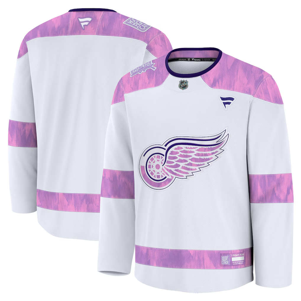 Men's Detroit Red Wings  White Purple 2024 Hockey Fights Cancer Practice Blank Jersey