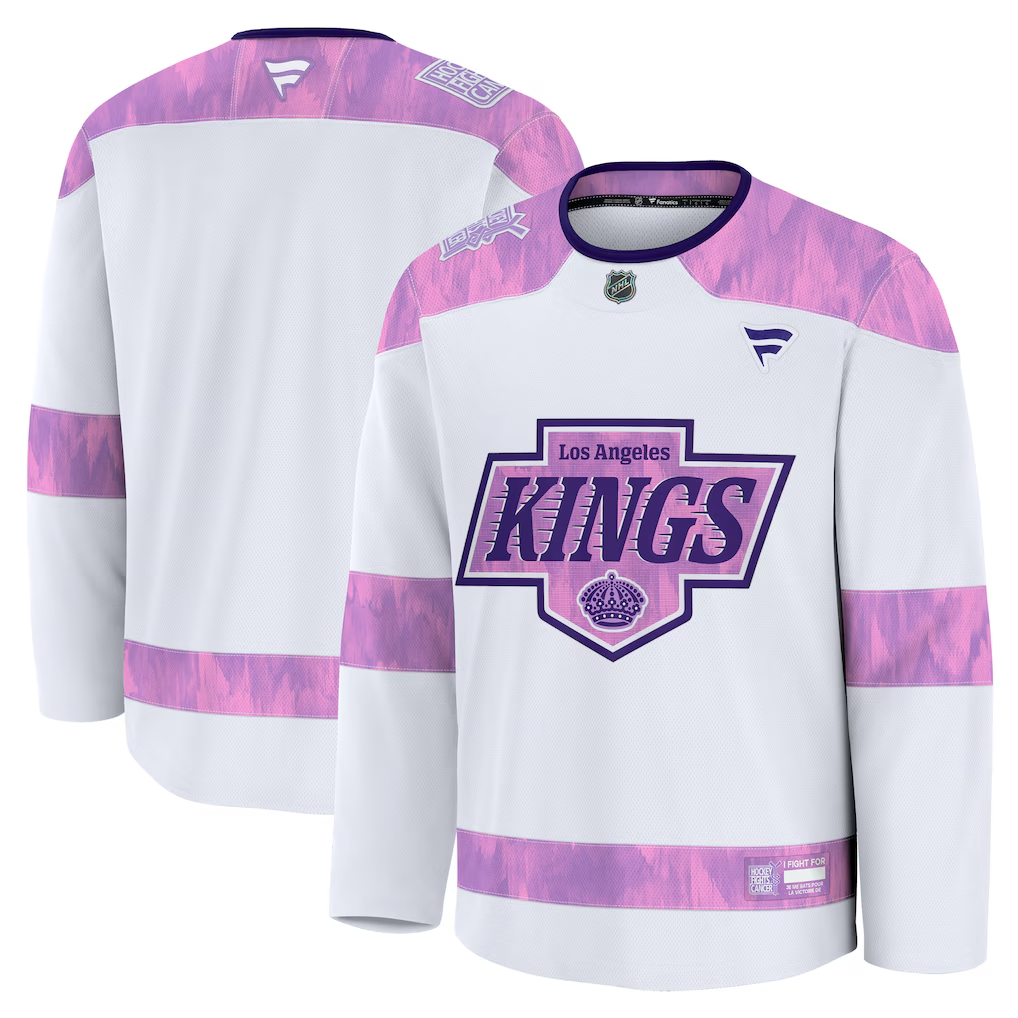 Men's Los Angeles Kings  White Purple 2024 Hockey Fights Cancer Practice Blank Jersey