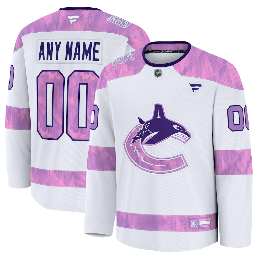 Men's Vancouver Canucks White Purple 2024 Hockey Fights Cancer Practice Custom Jersey