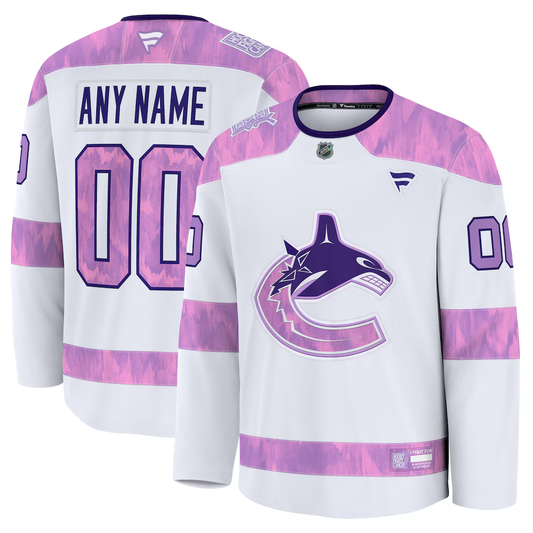 Men's Vancouver Canucks White Purple 2024 Hockey Fights Cancer Practice Custom Jersey